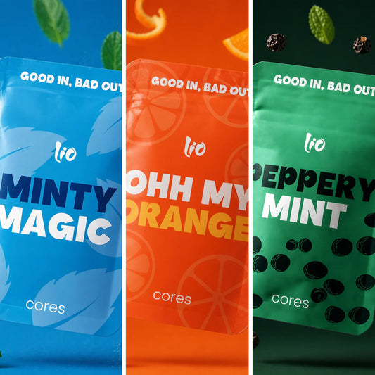Three colorful packages of 'cores' with text and graphics on a white background